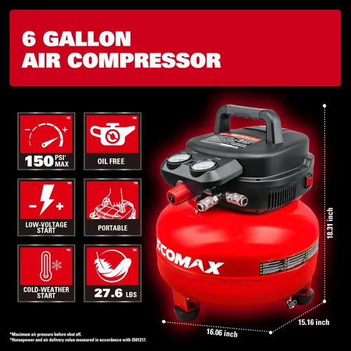 Vista 4 de Compresor de aire, compresor de aire para panqueques de 6 galones, máximo 150 PSI, 2.6 CFM @90 Psi, compresor de panqueques sin aceite para el hogar