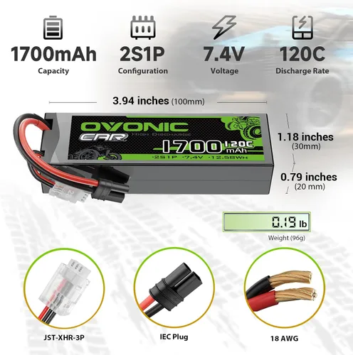 Vista 2 de OVONIC Batería Lipo 2S 7.4V 1700mAh con enchufe IEC [2 baterías en 1 paquete]