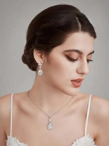 Vista 2 de SWEETV Joyería de boda para novia, juego de aretes de collar de circonita cúbica en lágrima, juego de joyas de novia para boda