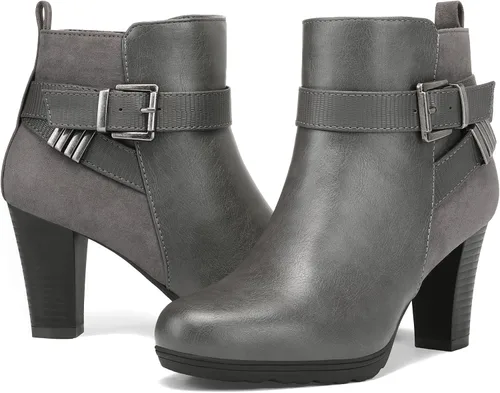 Vista 10 de mysoft - Botines de mujer con cremallera, tacón grueso apilado, botas de tobillo con hebilla y correa en el tobillo Marrón (Brown Buckle)