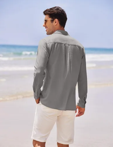 Vista 3 de COOFANDY Mens Linen Shirt Casual Cuban Guayabera Long Sleeve Button Down Beach Shirts