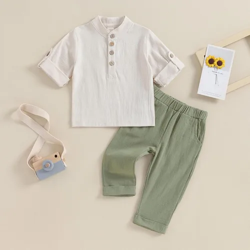 Vista 2 de Karuedoo Prendas de vestir para bebé niño de algodón y lino, camisas Henley con botones de manga larga, pantalones casuales conjunto A-beige Hierba