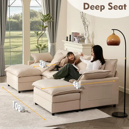 Vista 5 de GOSUHI - Sofá en forma de U de 108", sofá seccional modular, sofá de nube de 3 plazas con otomana móvil, sofás de asiento profundo para sala de Beige