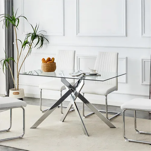 Vista 8 de Mesa de Comedor Moderna de Vidrio Templado Mesa de Cena, Mesa de Cocina Rectangular con Patas de Metal Resistentes, Diseño Minimalista