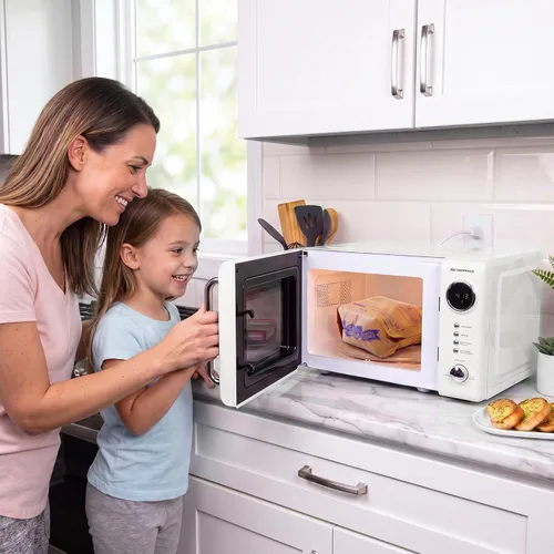 Vista 6 de Nostalgia Horno microondas compacto retro para encimera, 0.7 pies cúbicos, 700 vatios con pantalla digital LED, bloqueo para niños, interior fácil