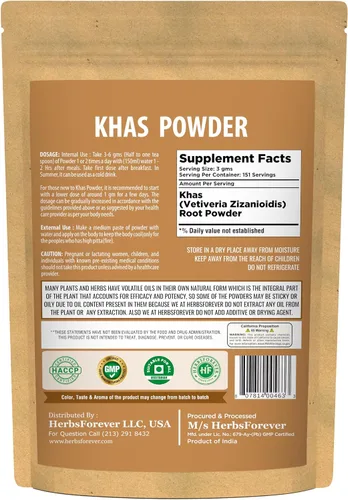 Vista 2 de Herbsforever Khas Powder - Vetiveria Zizanioides - Fuente de vitaminas, proteínas, minerales y fibra dietética - Sin OMG, orgánico, vegano - 454 GMS