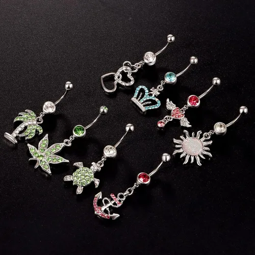 Vista 6 de 15 anillos de ombligo de acero inoxidable de 14 G para mujer con circonita cúbica AAA