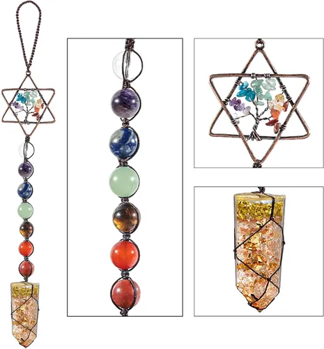 Vista 3 de rockcloud Adorno colgante de 7 piedras de chakras, hecho a mano, hexagrama, árbol de la vida, adorno para colgar con varita de cristal de resina