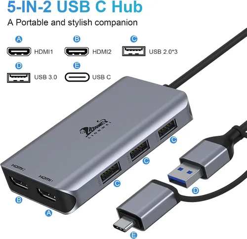 Vista 4 de LIONWEI Estación de acoplamiento USB 3.0 a Dual HDMI para Windows y macOS, Adaptador USB C Divisor de 2 Monitores para MacBook