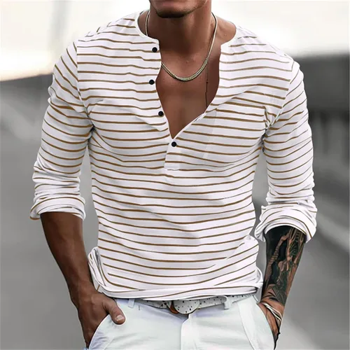 Vista 2 de Mens Henley Shirts Long Sleeve Regular Fit Cotton Casual Summer Striped T Shirts Fashion Basic Fitted Athletic Work Tshirts
