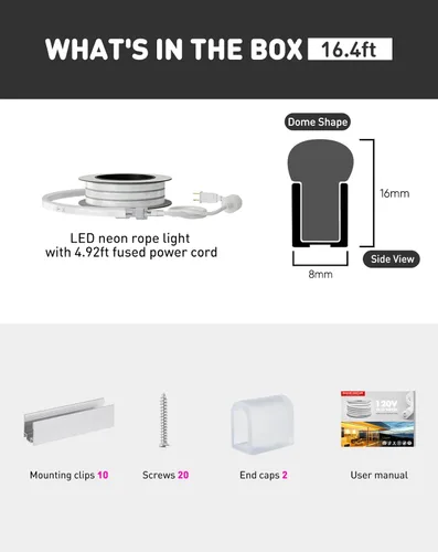 Vista 7 de luces LED de cuerda AC 120V, tira de neón eco de 120LEDs/M sin puntos, conectable y cortable, IP65 impermeable y resistente al clima para el hogar
