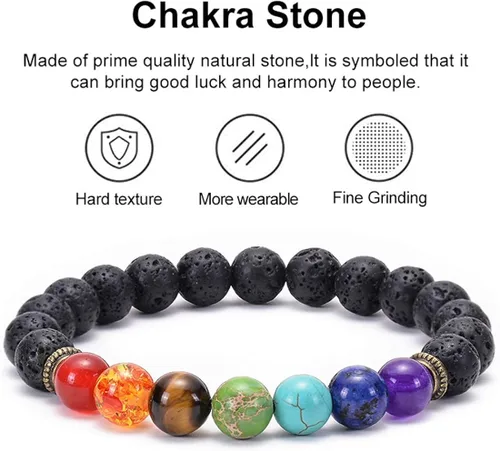 Vista 7 de Brazalete GelConnie de piedras de lava 7 chakras 032 pulgadas piedra natural para curación alivio del estrés yoga ansiedad aromaterapia difusor