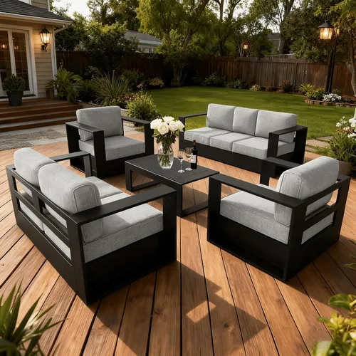 Vista 51 de LayinSun - Juego de muebles de exterior de aluminio de gran tamaño de 5 piezas con mesa auxiliar Negro/Gris oscuro