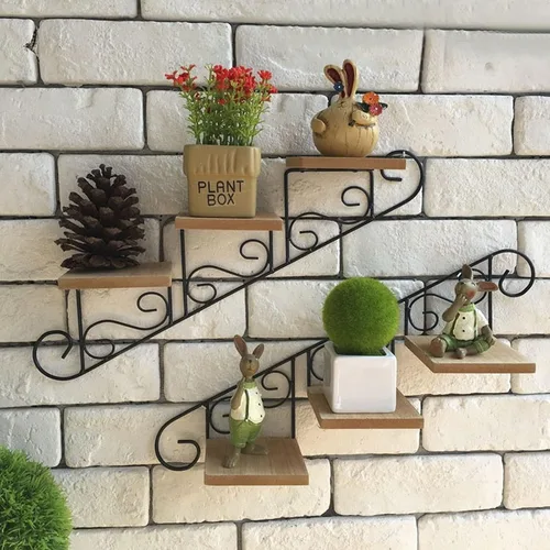 Vista 4 de Wnvivi 2 piezas de soporte para macetas en forma de escalera, estante retro para colgar en la pared, estante creativo abierto montado en la pared