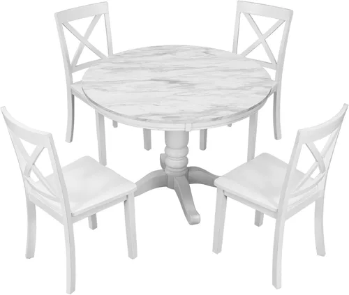 Vista 3 de Merax Juego de mesa redonda y sillas de 5 piezas con tapa de chapa de mármol y marco de madera para comedor