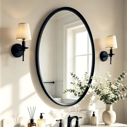 Vista 9 de Black Oval Bathroom Mirrors for Over Sink 24x32 Inch Oblong Vanity Mirror, Crystal-Clear HD Glass, Rust-Proof Aluminum Frame, Inner-Curved Decor
