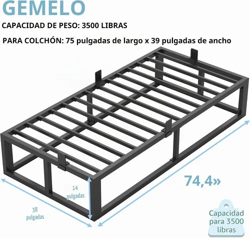 Vista 3 de Bilily Marco de cama individual de 14 pulgadas con soporte de listones de acero resistente, plataforma de metal resistente para colchón