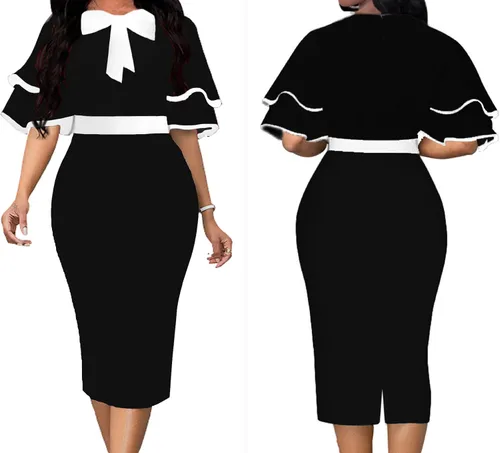 Vista 3 de IbuduSexy Vestidos de iglesia para mujer, elegante vestido de trabajo midi con volantes, corbatín