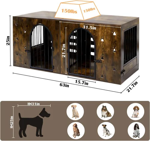 Vista 3 de Mueble de jaula para perros de 63" para 1 o 2 perros, perrera individual/doble de servicio pesado con cuencos, jaula de madera y metal estilo granja