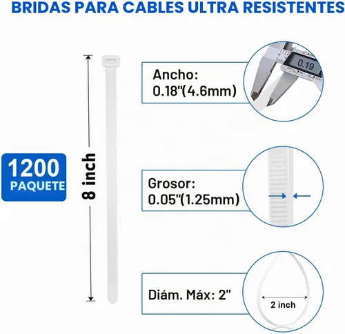 Vista 2 de Bridas para Cables, RAZCC 1200 piezas Bridas para Cables de 8 Pulgadas, Bridas de Alambre de Plástico Blanco Resistentes con Resistencia a