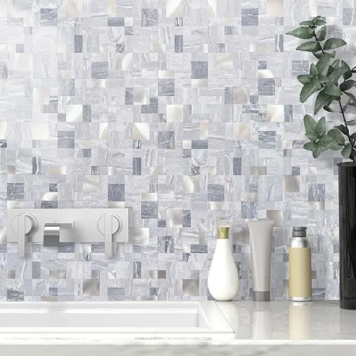 Vista 2 de DICOFUN 1 hoja de azulejo adhesivo de mármol gris para salpicaduras, azulejos de metal mixto con astillas plateadas para cocina y baño, adhesivo