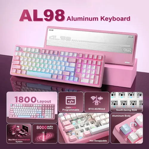 Vista 2 de YUNZII AL98 QMKVIA - Teclado mecánico inalámbrico para juegos, aluminio completo, BT2.4GUSB-C, montaje de junta intercambiable en caliente