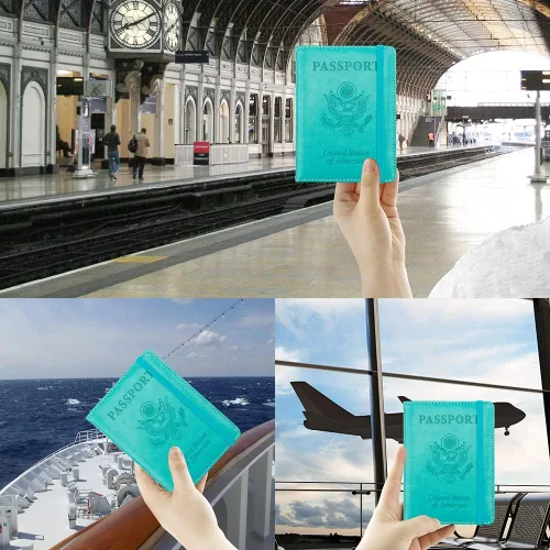 Vista 7 de Soporte para pasaporte y tarjetero de vacuna, cartera para pasaporte, funda para pasaporte con bloqueo RFID, Azul lago, Compacto