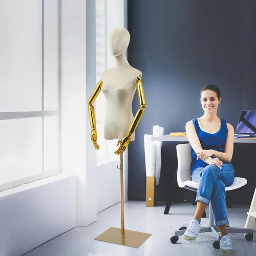 Vista 6 de Forma de vestido femenino con brazo dorado, cuerpo de terciopelo de maniquí con soporte de metal, torso de exhibición de modelo de vestido femenino
