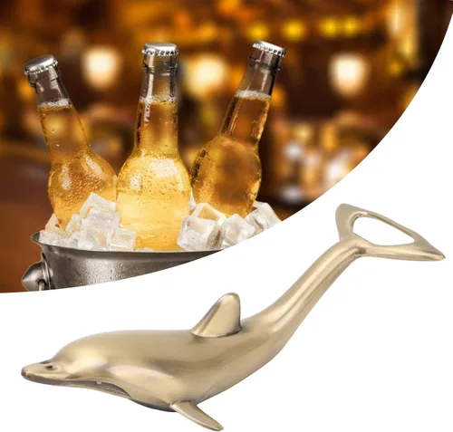 Vista 4 de Abrebotellas, 6.5 pulgadas, delfín, abrebotellas, cerveza fría, acero dorado, para manos artríticas, cerveza, bar, cocina, herramienta de cerveza