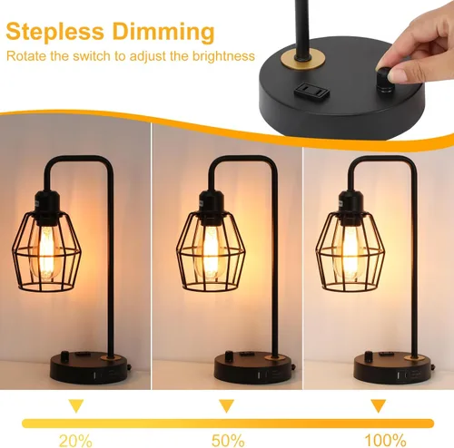 Vista 2 de Juego de 2 lámparas de mesa industriales regulables, modernas lámparas de noche negras con puertos de carga USB A+C y salida de CA, lámpara
