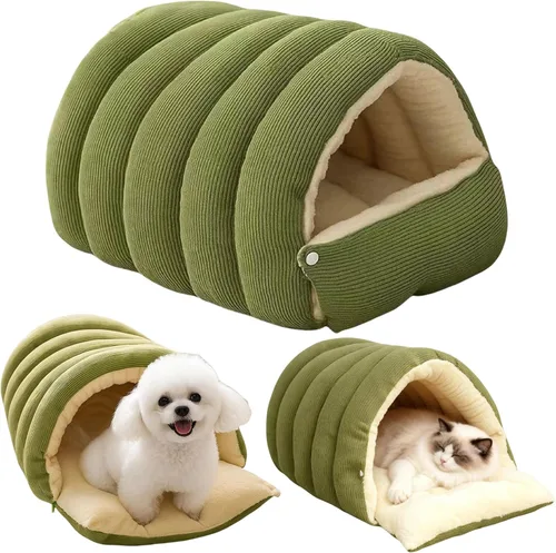 Vista 2 de Carpa acogedora de felpa para gatos, cueva cerrada cálida para gatos y Verde