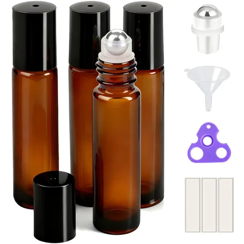 Vista 24 de PrettyCare 6 piezas, botellas roll-on de 10 ml para aceites esenciales con bola de rodillo de acero inoxidable - Botellas rellenables a prueba