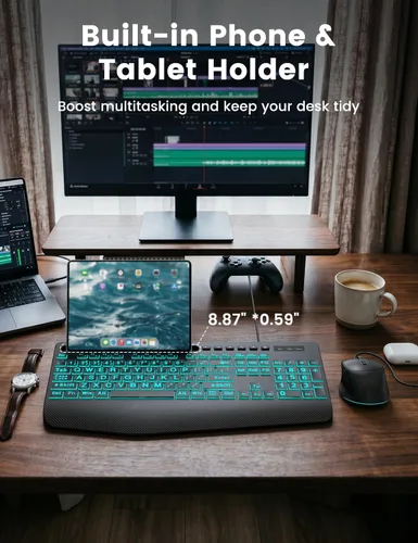 Vista 5 de Combo de teclado y mouse con cable, retroiluminación de impresión grande, reposamuñecas ergonómico, 6 DPI RGB para PC/Windows, ideal para personas