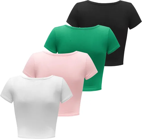 Vista 3 de Formeet17 4 piezas de camisetas cortas básicas con cuello redondo y manga casquillo para mujer