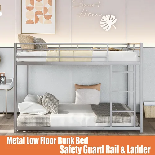 Vista 3 de Literas de metal de tamaño matrimonial sobre matrimonial, litera baja de metal con escalera para niños, adolescentes y adultos, marco de cama
