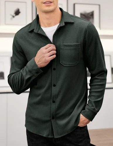 Vista 2 de COOFANDY Camisa de pana para hombre, estilo chaqueta ligera, de manga larga, con botones
