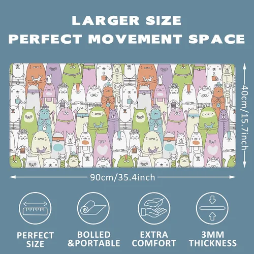 Vista 2 de Alfombrilla de mouse extendida para juegos con gatos coloridos con bordes cosidos, base de goma antideslizante, alfombrilla de mouse para teclado