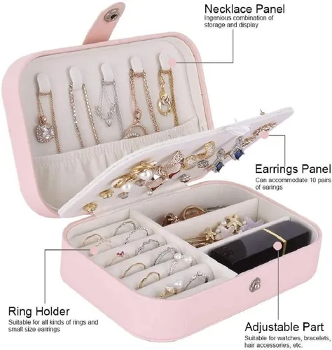 Vista 3 de Yonzone Joyero pequeño organizador de joyas de viaje, mini estuche de almacenamiento de joyas para mujeres y niñas, regalo de piel sintética, cajas