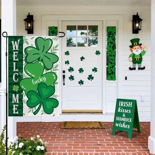 Vista 4 de OHOME Decoraciones del día de San Patricio, banderas de jardín de trébol Suministros de fiesta del Día de San Patricio para interiores