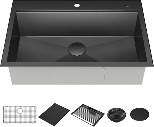 Vista 18 de DELTA FAUCET Delta Rivet 25 Pulgadas de Acero Inoxidable Negro Fregadero de Montaje Superior de Calibre 16 para Cocina con Tarja Única en Acabado