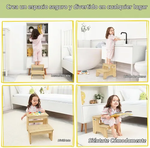 Vista 5 de Forbena Taburete de Baño de Madera para Niños Pequeños, Taburete Resistente de 2 Escalones para Niños para Lavabo de Baño Encimera de Cocina, Madera