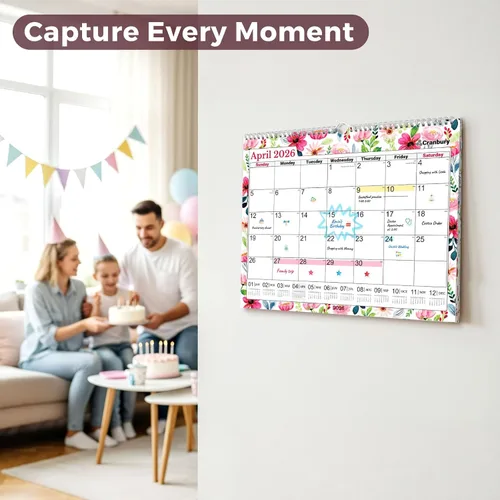 Vista 6 de CRANBURY 2026 Calendario de pared grande 12x15, calendario mensual floral colgante de 12 x 15 con grandes espacios diarios, enero–diciembre de 2026