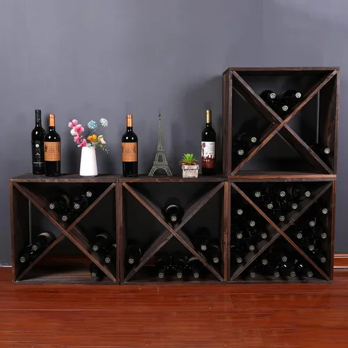 Vista 6 de Estante para vino de madera apilable de almacenamiento rústico estilo retro cubo de 24 botellas de madera para vino (marrón oscuro)
