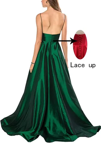 Vista 4 de Vestidos largos de satén con tirantes delgados vestido de dama de honor acampanado cuello en V vestidos formales de noche para mujer