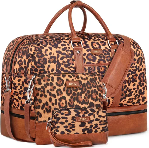 Vista 15 de IBFUN Bolsas de fin de semana para mujer, bolsa grande de lona para viaje, bolsa de viaje con compartimento para zapatos, 21 pulgadas, juego de 3