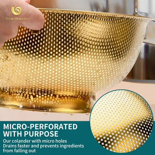 Vista 4 de Snailhouse Colador de acero inoxidable de 3 cuartos de galón para pasta, arroz, alimentos, colador metálico con asas y base autodrenante