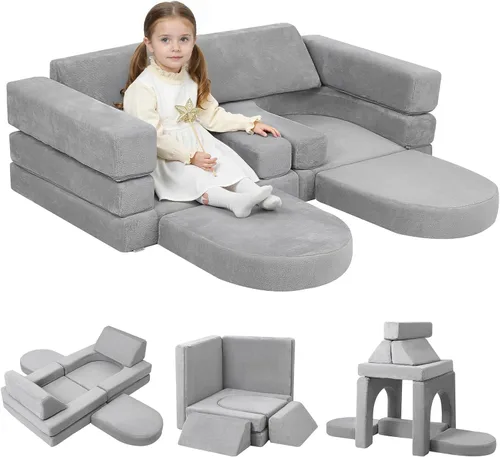 Vista 10 de MeMoreCool Juego de Sofá Modular Infantil de 10 Piezas — Juego de Sofá de Espuma Convertible de Corduroy para Construir Fortalezas, Relajarse