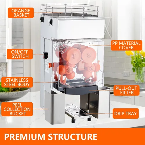 Vista 2 de Garvee Exprimidor comercial, extractor de jugo de alimentación automático de 110 V, exprimidor naranja de 120 W para 20-30 por minuto, con caja