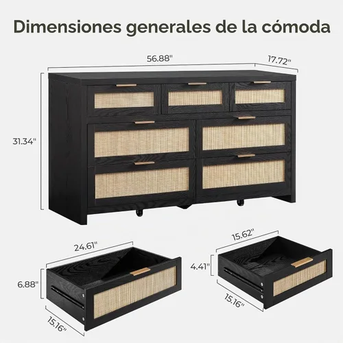 Vista 3 de SICOTAS Cómoda de 7 cajones para dormitorio, cómodas de ratán de 57" de ancho, cómoda grande con cajones para dormitorio, cómoda soporte de TV Roble