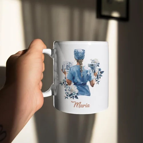 Vista 5 de Enfermera con equipos médicos Tazas de café, Taza de cerámica de enfermería con nombre personalizado, Taza de café asistente médica, Regalo